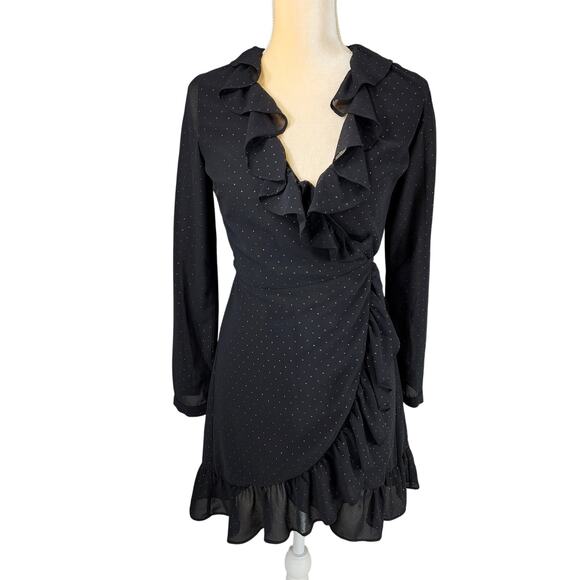 AllSaints Kiyah Shimmer Studded Wrap Dress XS Women Black Ruffles Darkfairy Goth - Picture 1 of 13